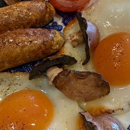 Fry Up Plate - Blue Plate, 2 x egg, tomatoes, toast, mushroom, sausage, bacon 😋