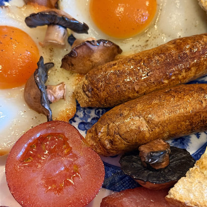 Fry Up Plate - Blue Plate, 2 x egg, tomatoes, toast, mushroom, sausage, bacon 😋