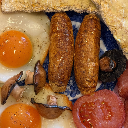 Fry Up Plate - Blue Plate, 2 x egg, tomatoes, toast, mushroom, sausage, bacon 😋