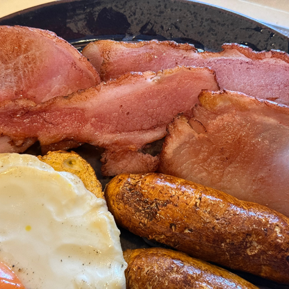 Fry Up Plate - Brown Plate, 1 x egg, rustic toast, mushroom, sausage, bacon 😋