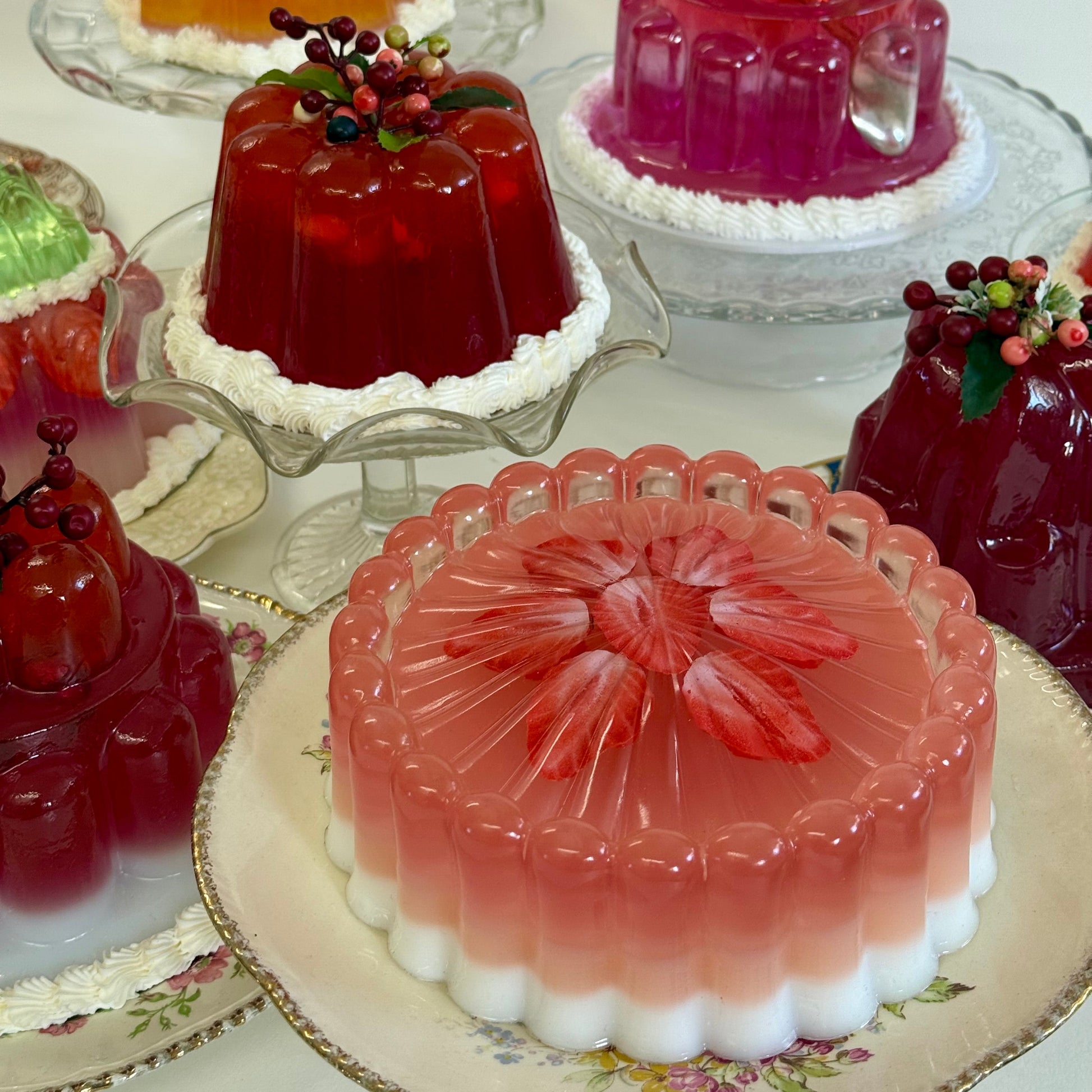 Assorted jelly desserts on a decorative plate with a white background