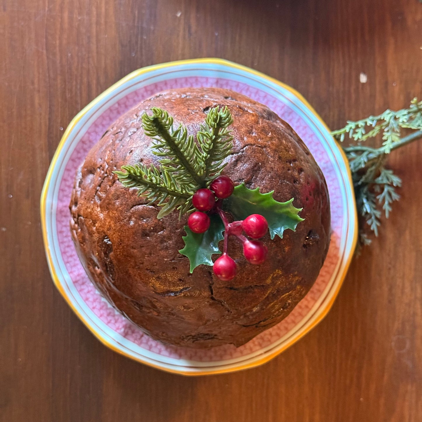 Traditional Christmas Pudding with Greenery & Foliage