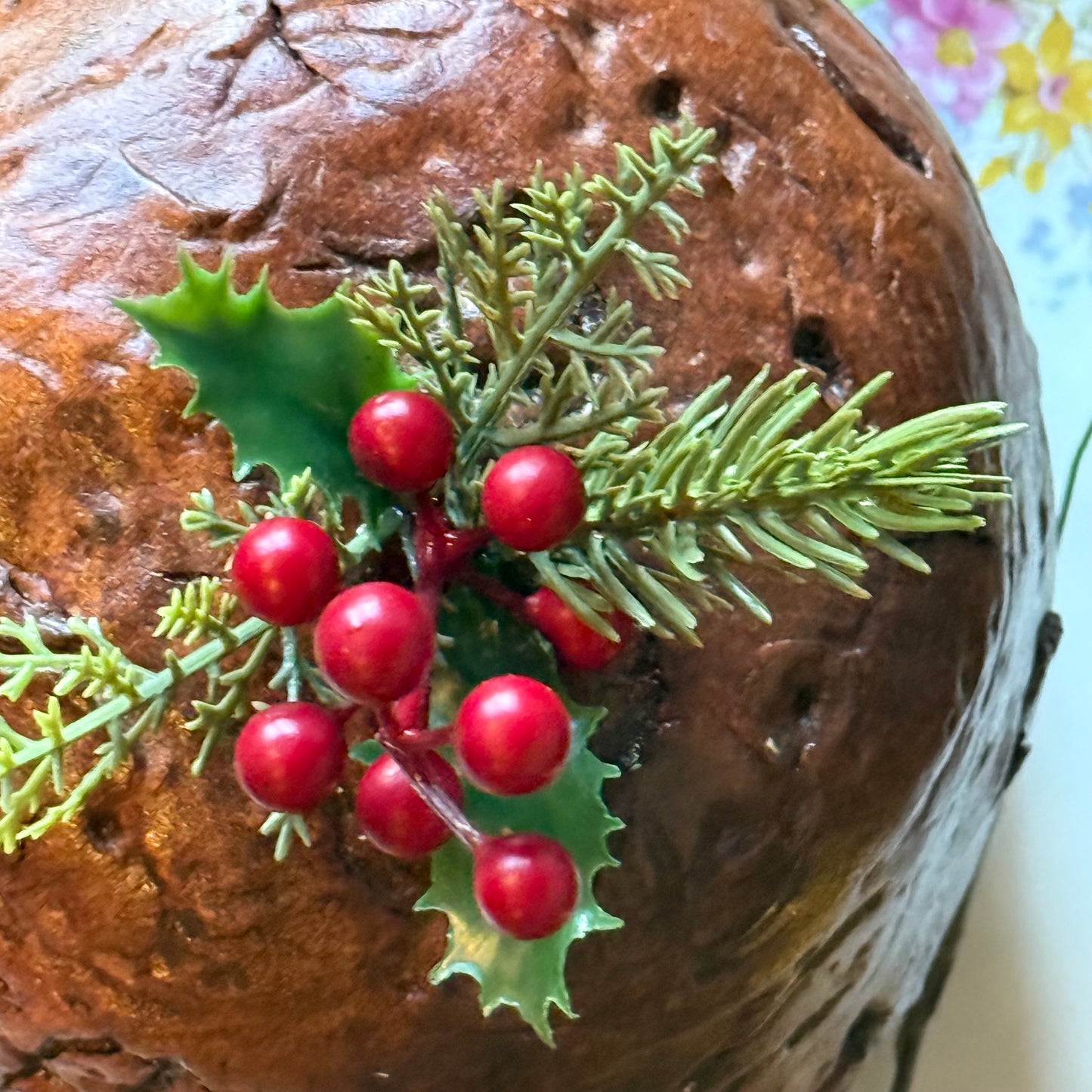 Traditional Christmas Pudding with Greenery & Foliage