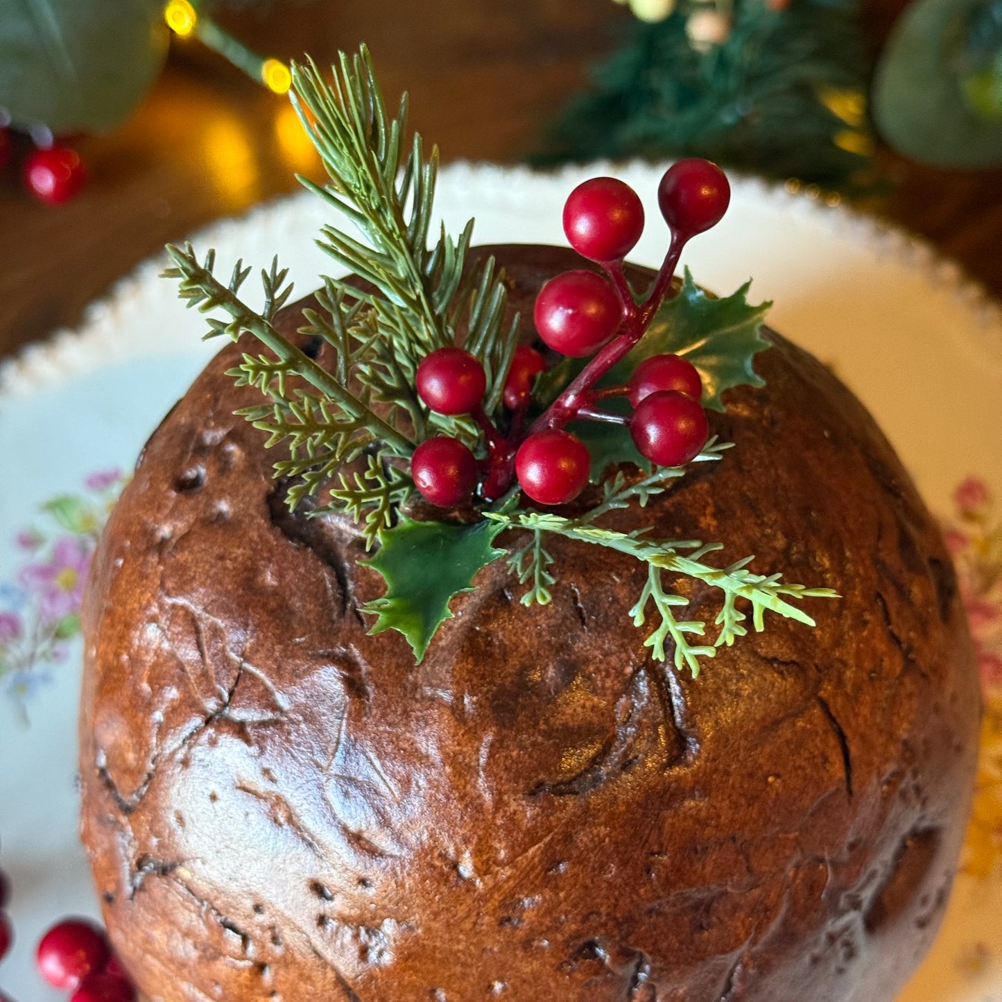 Traditional Christmas Pudding with Greenery & Foliage