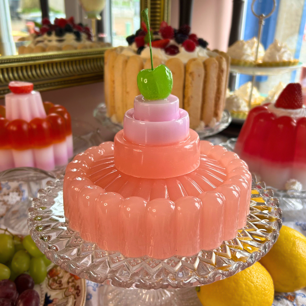Peachy Pink Layered Jelly with Green Cherry