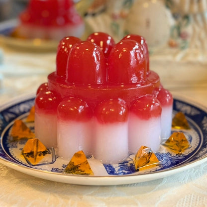 Red and Pink Jelly on Blue Plate