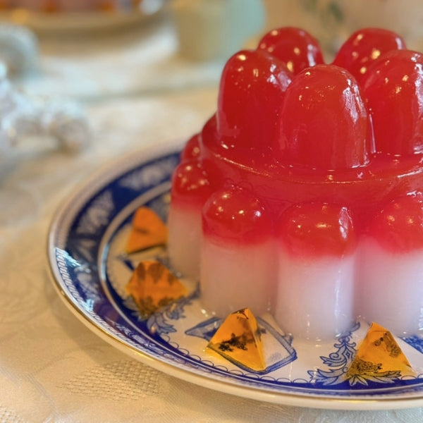 Red and Pink Jelly on Blue Plate