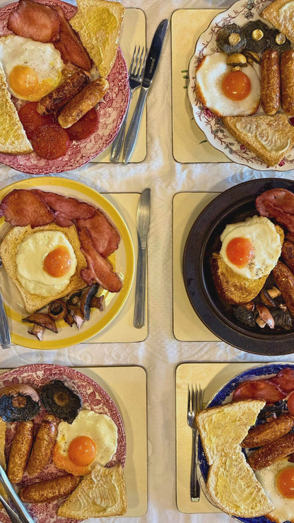 Fry Up Plate - Yellow plate, scrambled egg, mushroom, toast, bacon 😋